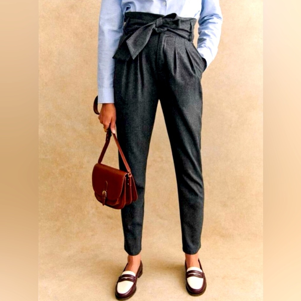 Sezane Austin Wool Blend Mottled Grey High Rise Pants 36